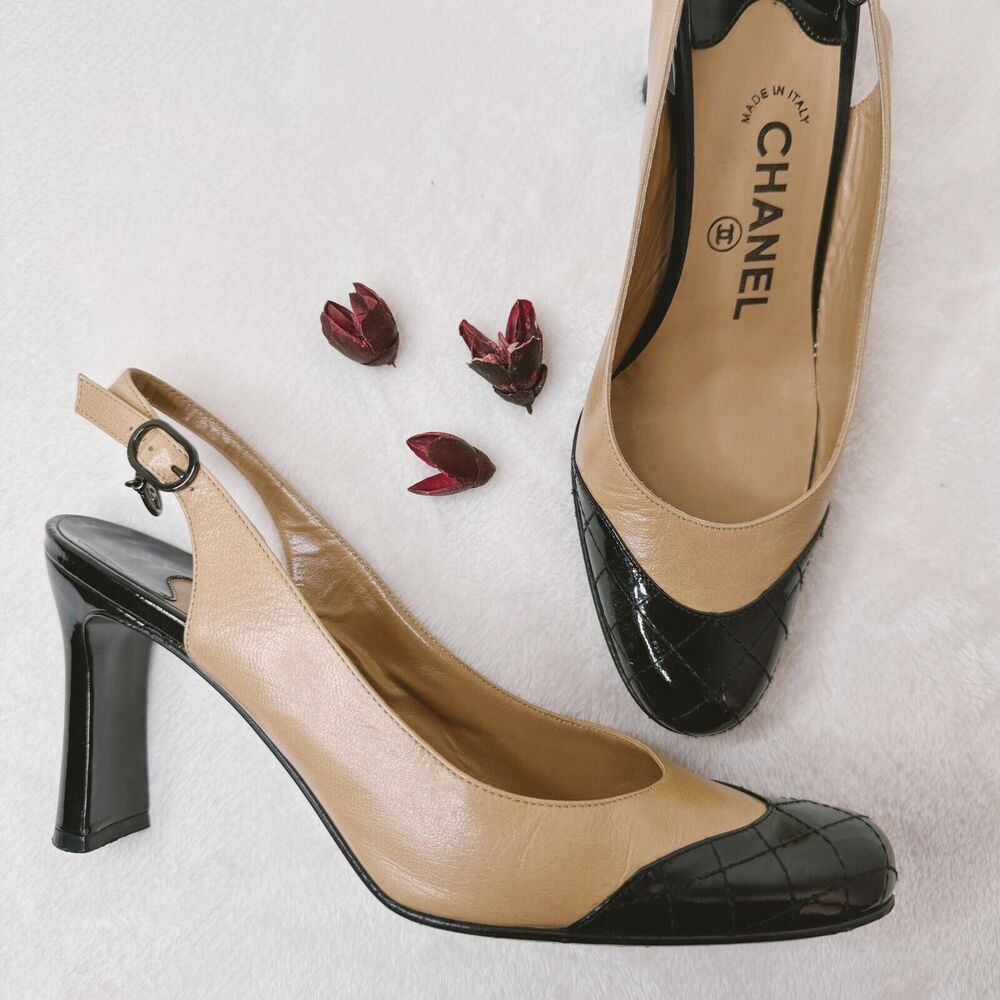 CHANEL Beige and Black Leather Slingback Heels